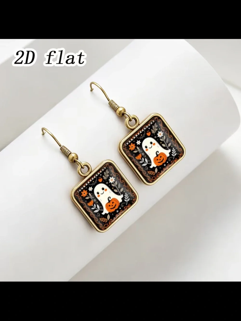 Halloween Ghost Pumpkin Drop Earrings - Gold Tone with Black & Orange Accents